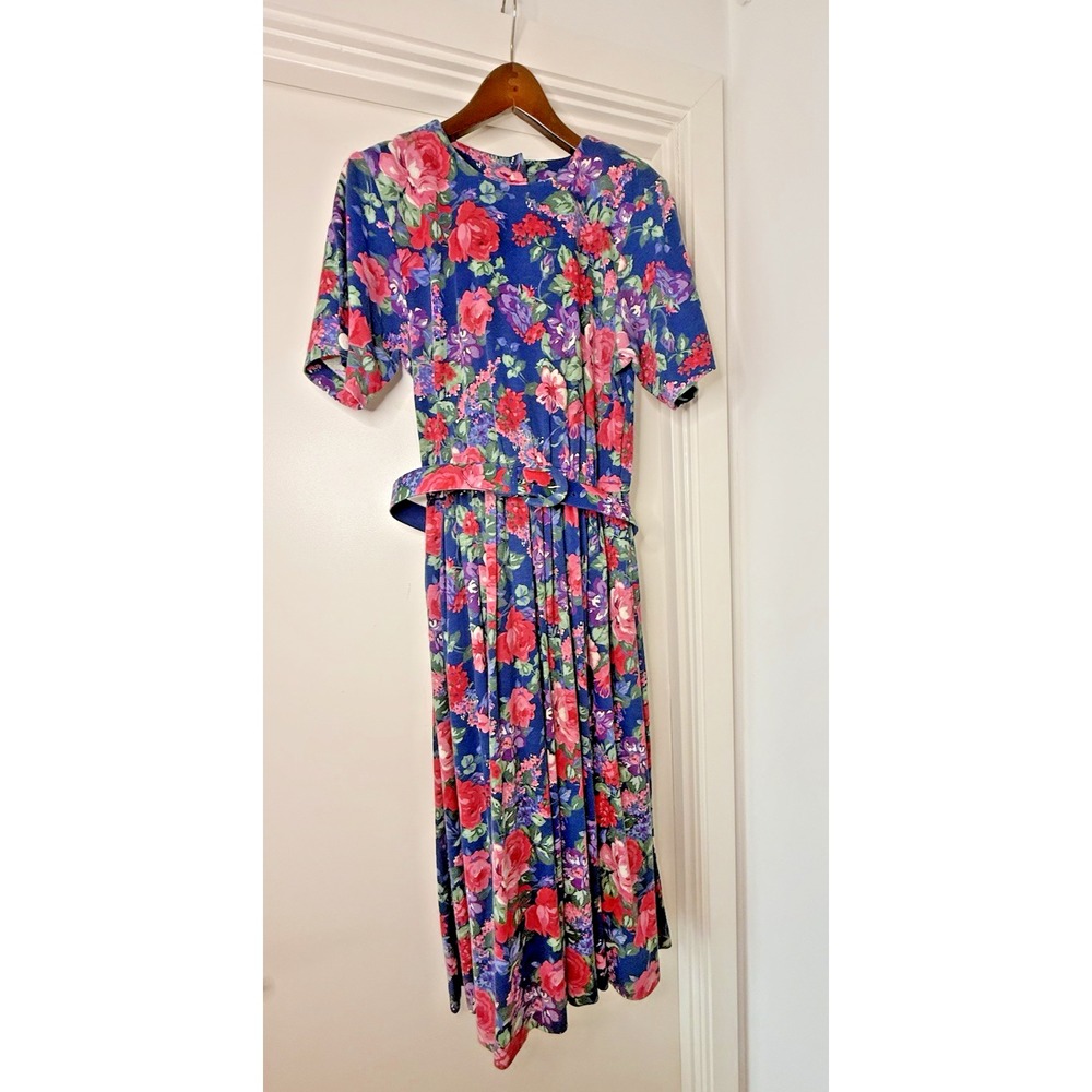 Vtg 80s LG TALBOTS SARA CAMPBELL Floral Belted Midi Teacher Cottage Core Dress‎